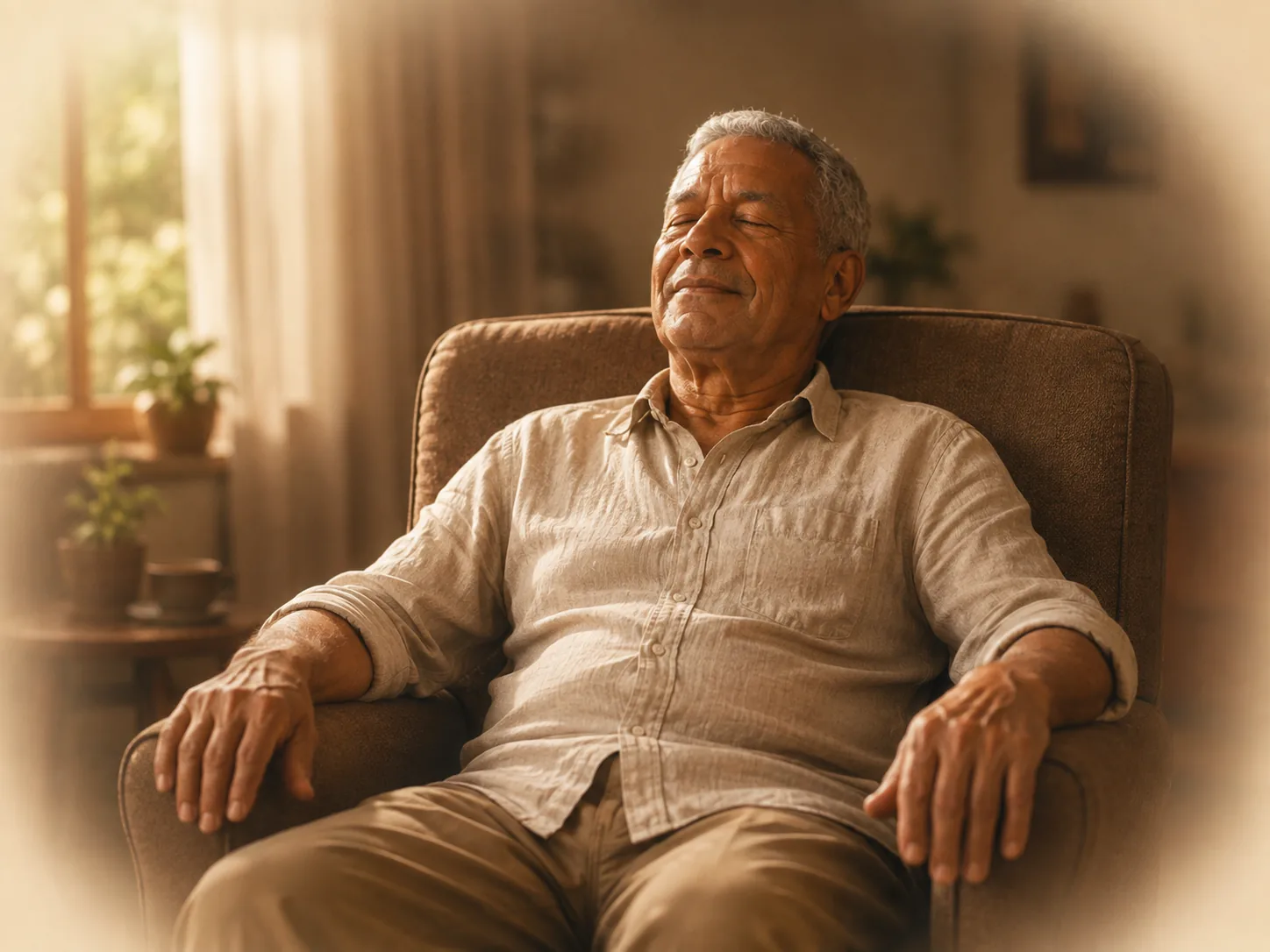 Homem recostado na poltrona, olhos fechados, ombros soltos e mãos abertas nos braços da cadeira, com uma expressão de alívio.