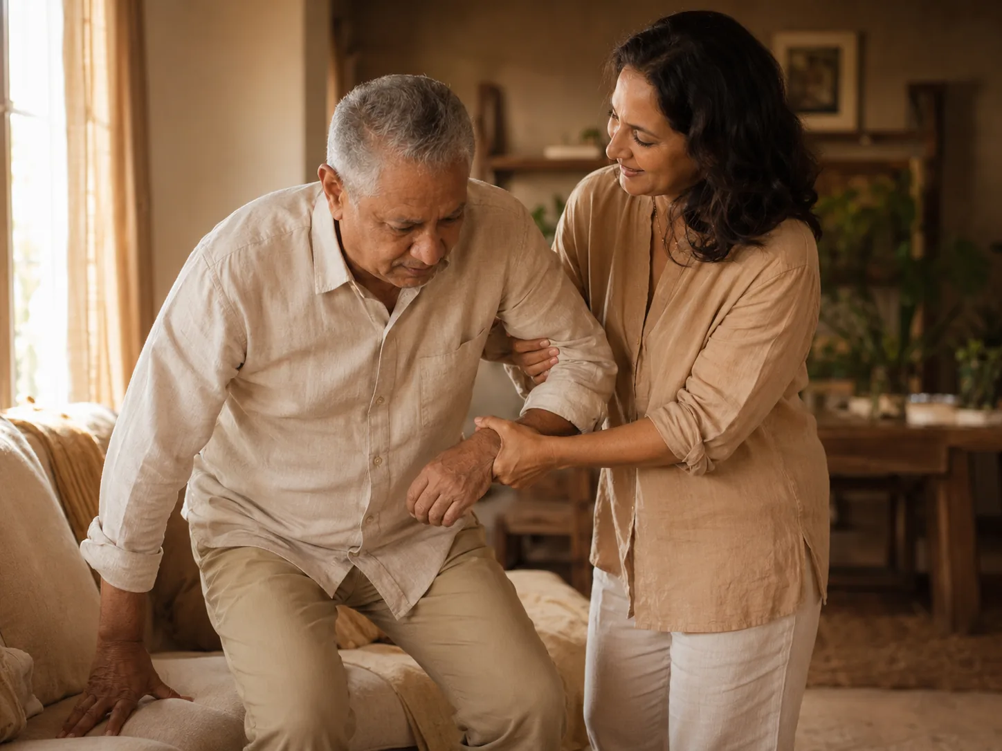 Homem sentado no sofá tentando se levantar sozinho enquanto a filha adulta já segura o braço dele para ajudar.