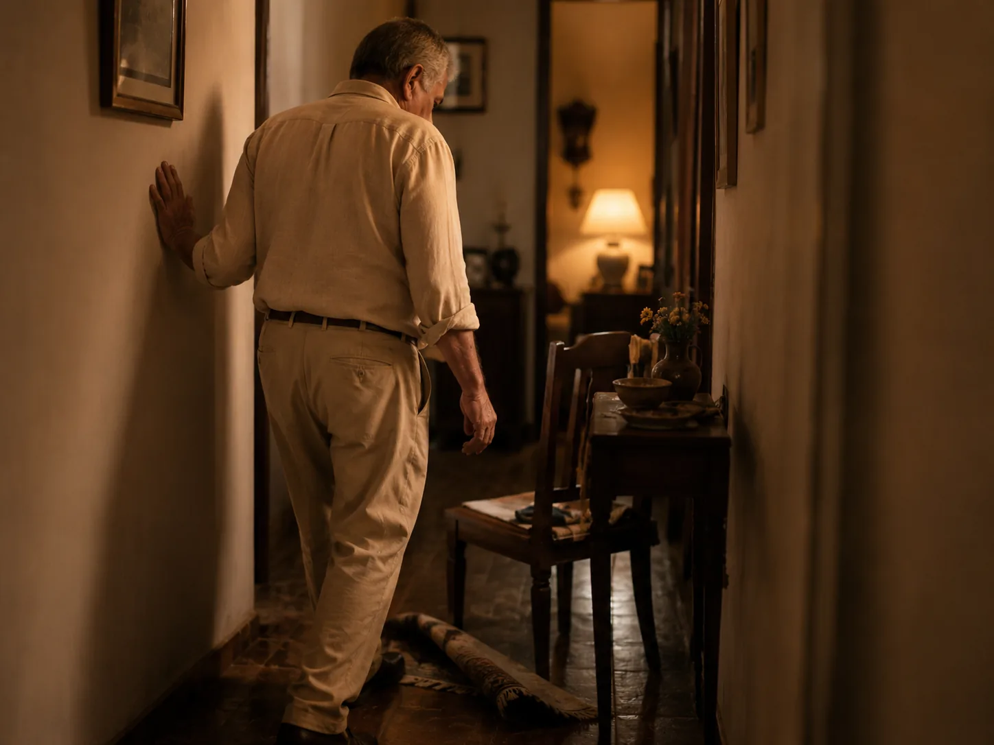 Homem atravessando um corredor estreito de casa com a mão apoiada na parede, tapete dobrado e móveis no caminho.