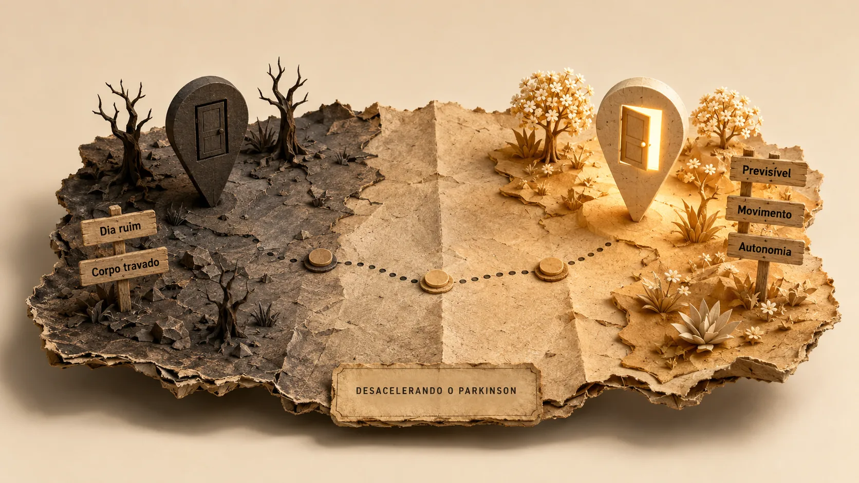 Mapa em papel artesanal mostrando a jornada do workshop. À esquerda, terreno escuro com árvores secas, uma porta fechada e placas escritas Dia ruim e Corpo travado. Um caminho pontilhado com três marcadores atravessa o mapa até a direita, onde há árvores floridas, uma porta aberta com luz e placas escritas Previsível, Movimento e Autonomia.