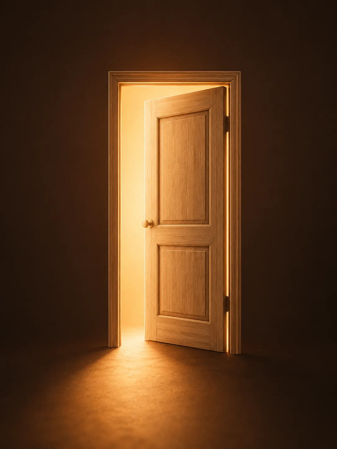 Porta de madeira entreaberta com luz dourada saindo pela abertura e se espalhando pelo chão.